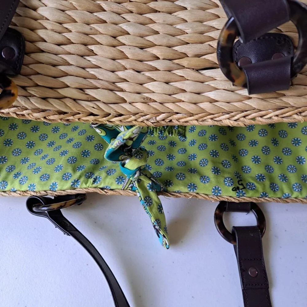 VERA BRADLEY Peacock Straw Tote Beach Pool Turquoise Green Seashells 2 Handles - Picture 15 of 15
